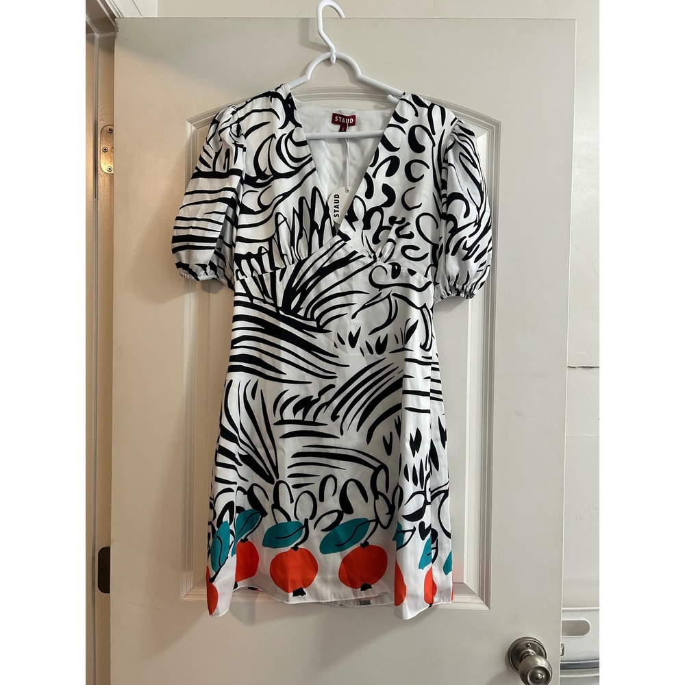 Staud Mini Milla Dress White Citrus Scarf Print V-Neck Puff Sleeve Size 8 NEW - Picture 1 of 9